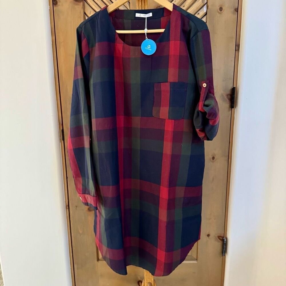 NWT (XXL) Cupshe Long Sleeve Mini Dress, Pockets, Plaid Multicolored